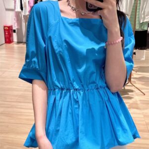 Broadcast control 2023 summer new square collar elastic waist five-point short-sleeved ruffled shirt female BDQ2HD1012